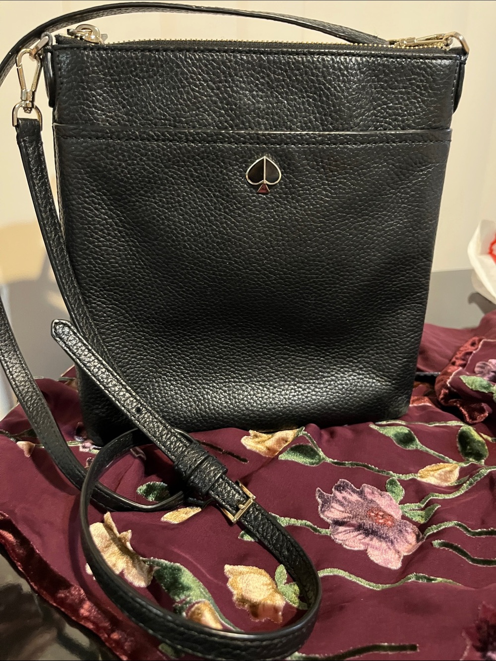 Kate Spade Black Pebbled Leather Crossbody with Gold Spade Logo
